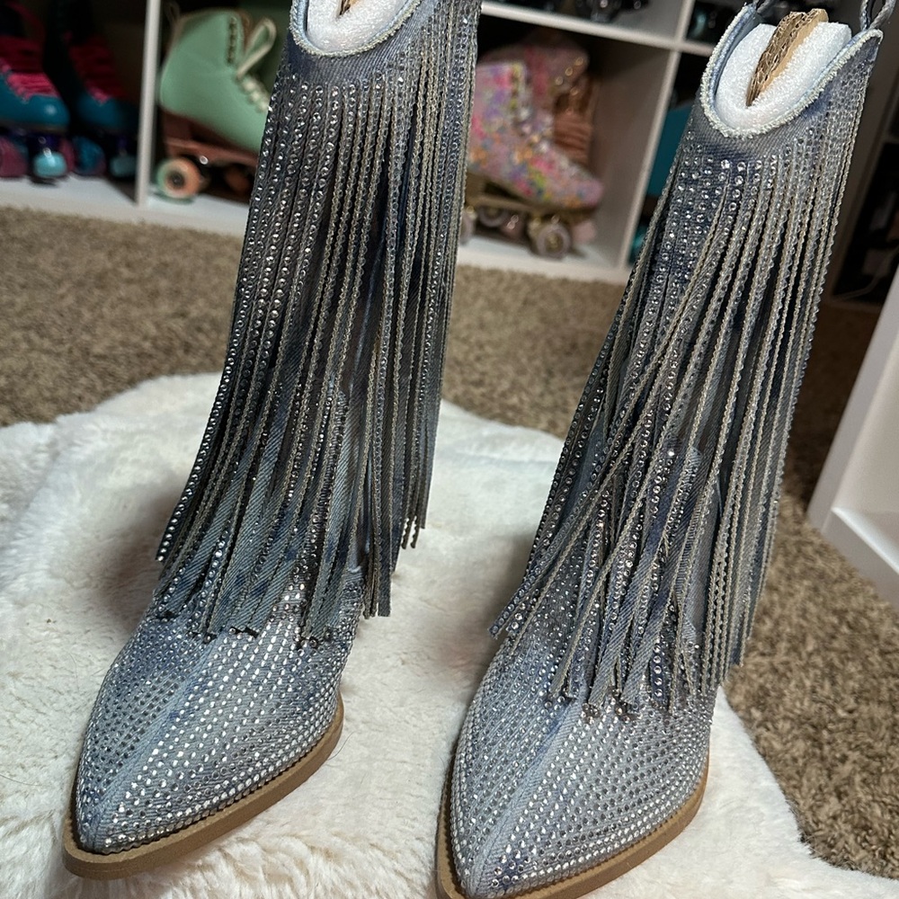 Jessica Simpson Paradisa Denim Heeled Boots with Fringe